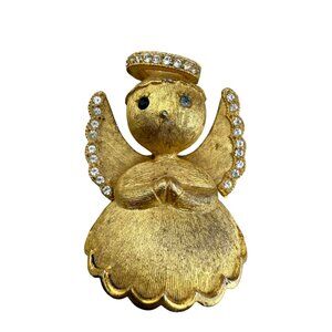Vintage Ultra Gold Angel Brooch With Rhinestone Wings & Halo Pin Religious Jewel